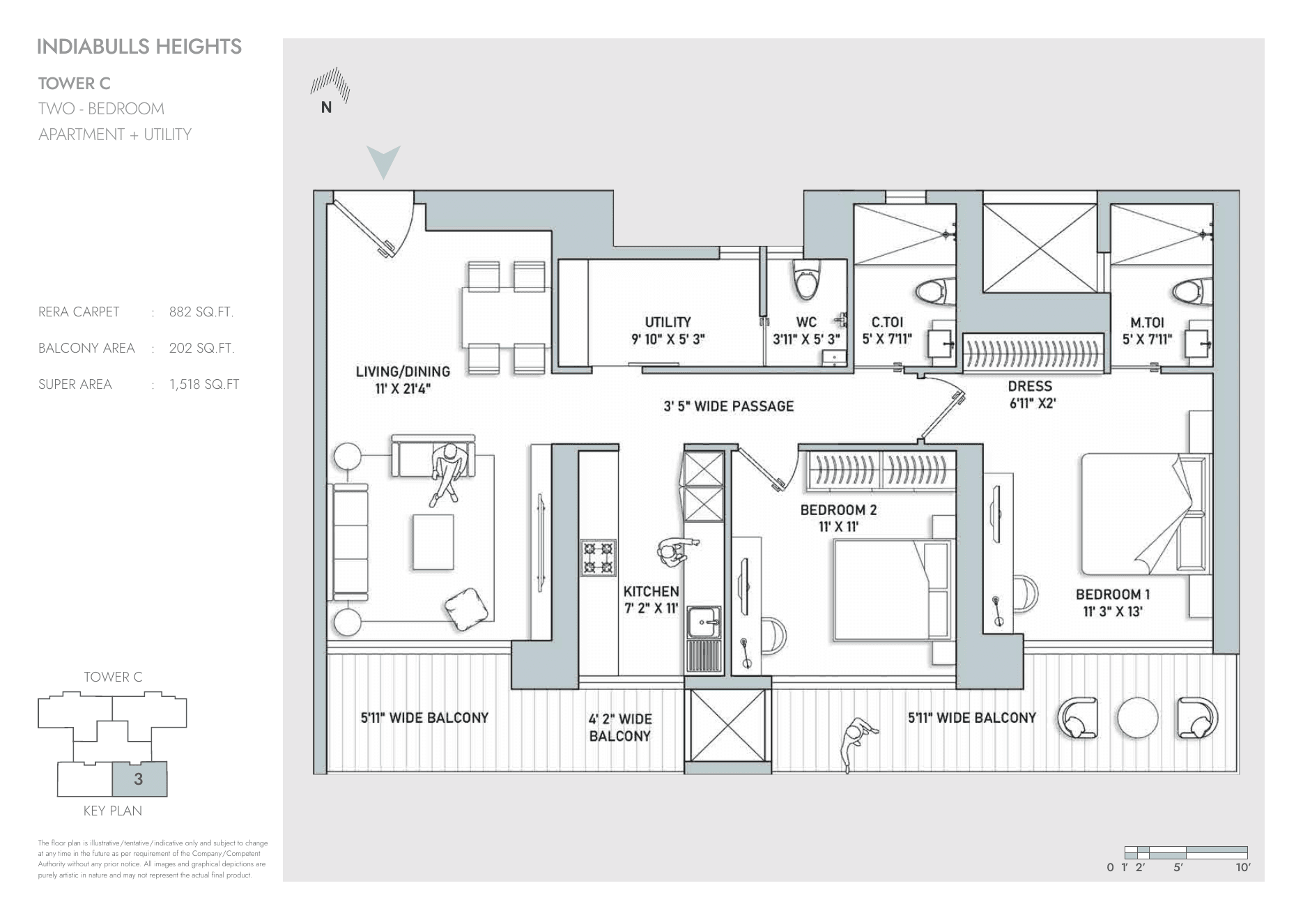 2 BHK + Utility – Tower C – 1,518 sq.ft super area