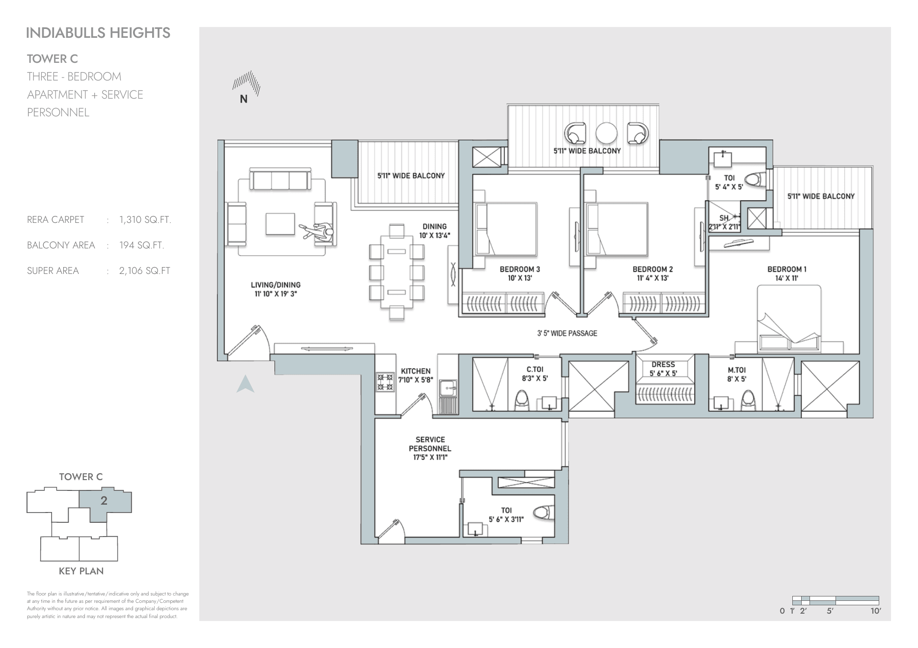 3 BHK + Service Personnel – Tower C – 2,106 sq.ft super area