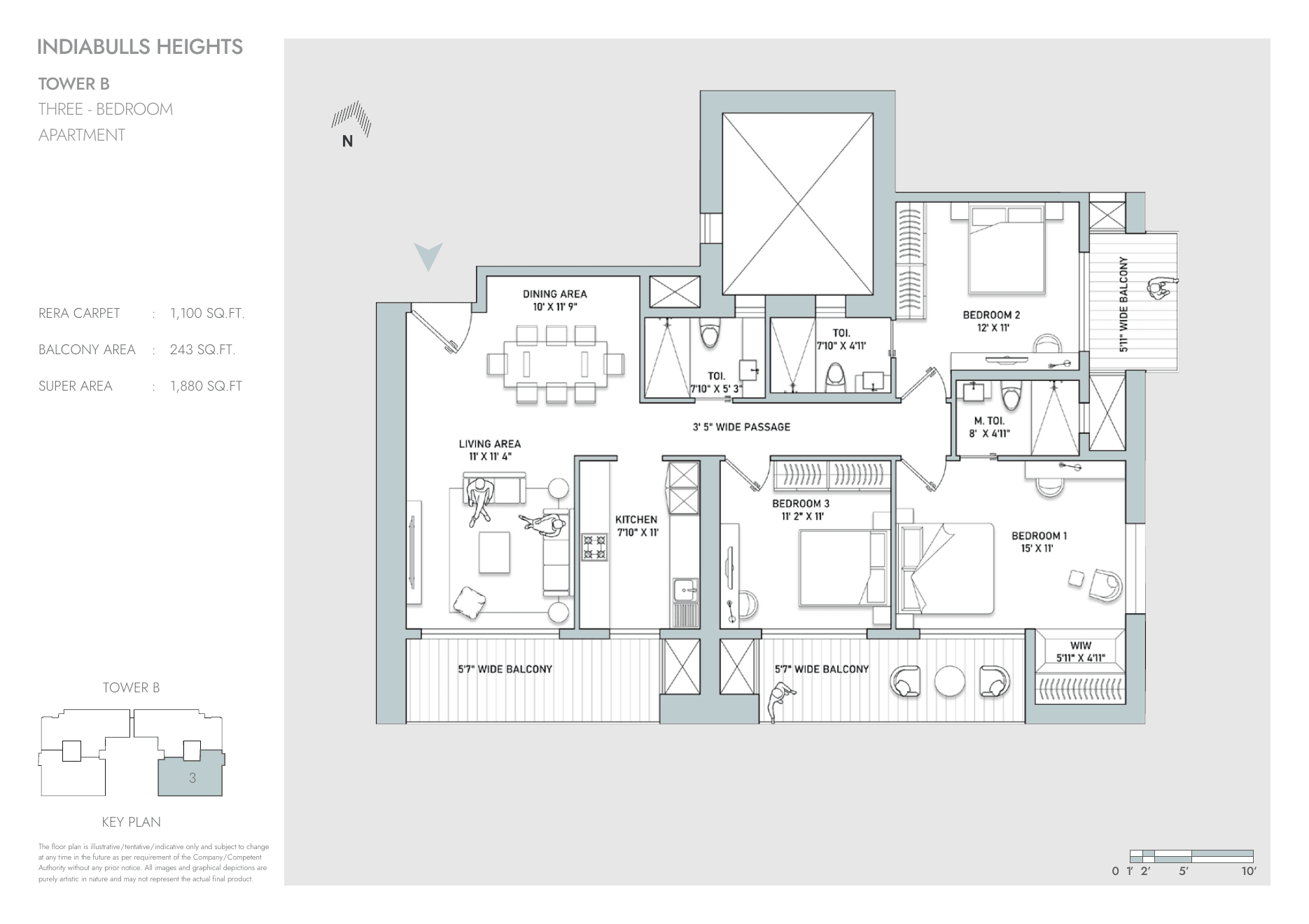 3 BHK – Tower B – 1,880 sq.ft super area