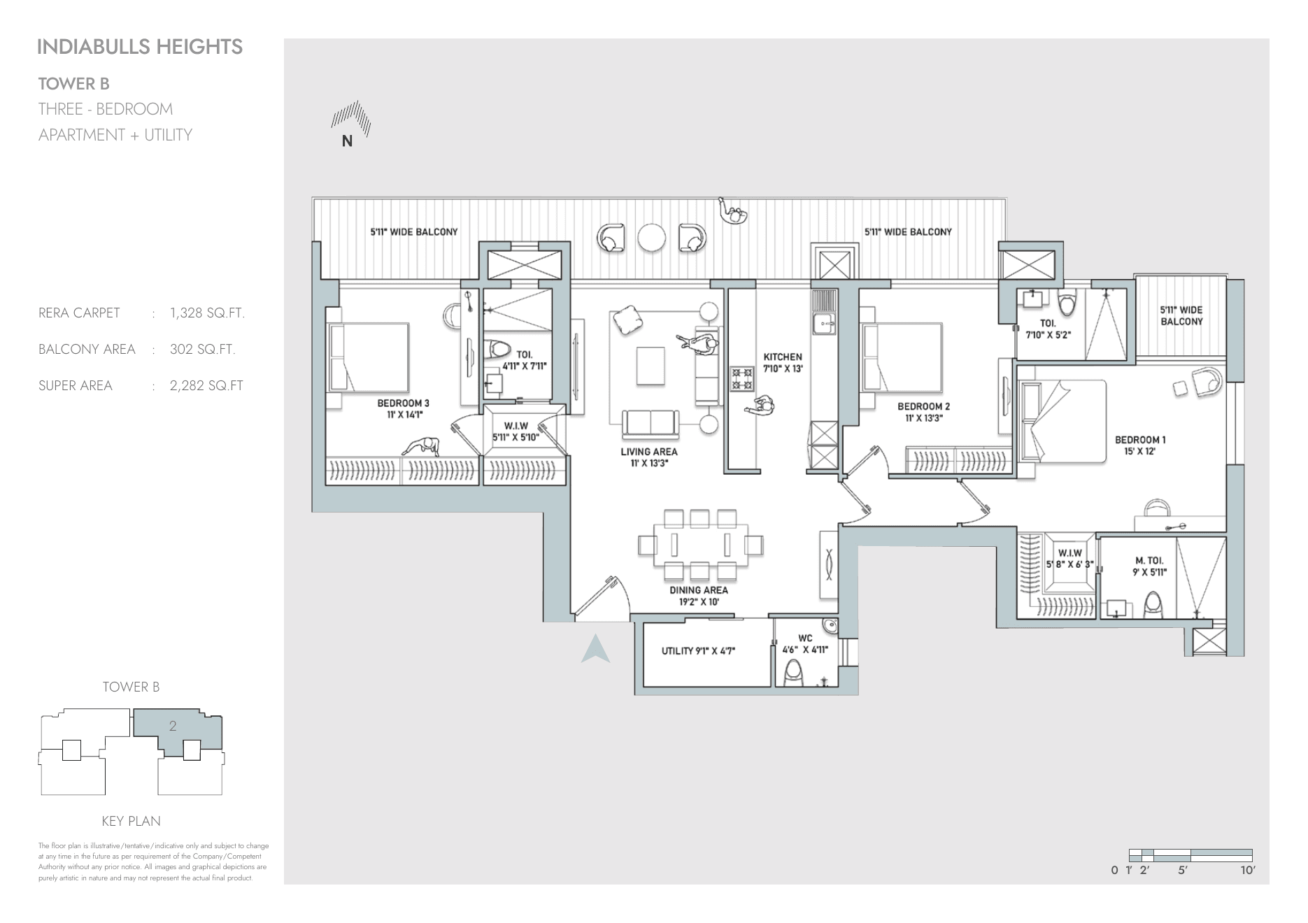 3 BHK + Utility – Tower B – 2,282 sq.ft super area