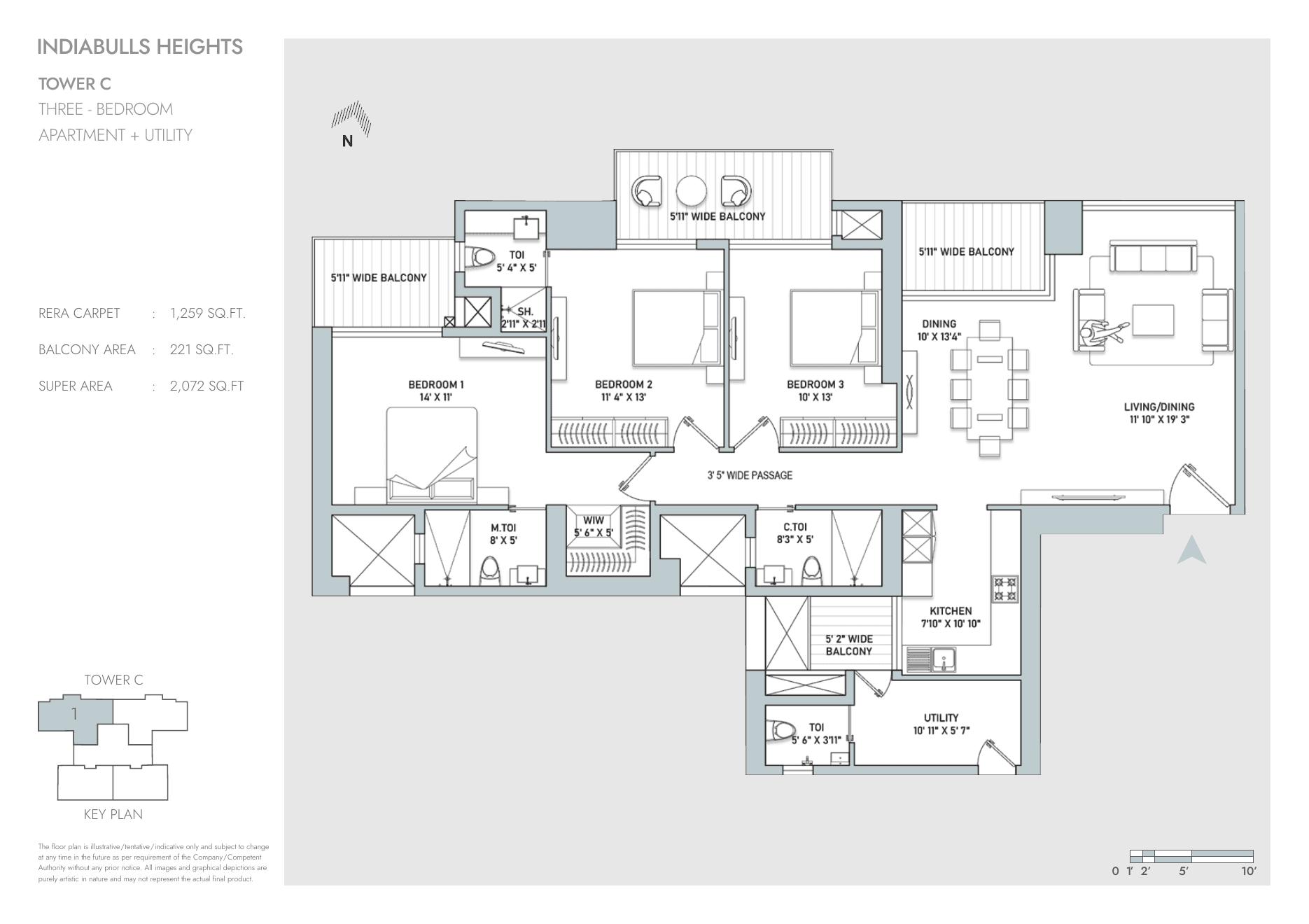 3 BHK + Utility – Tower C – 2,072 sq.ft super area